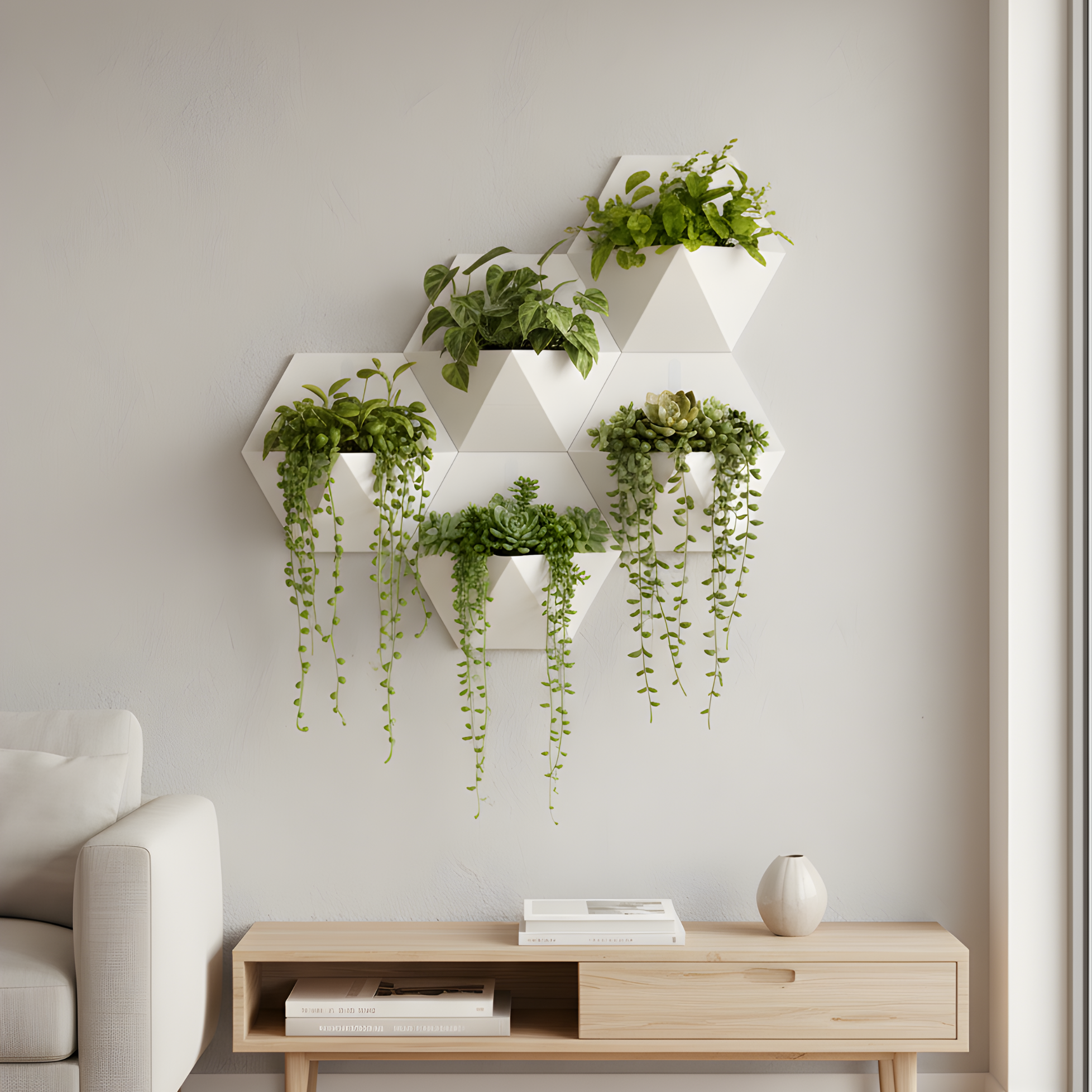 Geometric wall shelf with plants in a modern living room setting